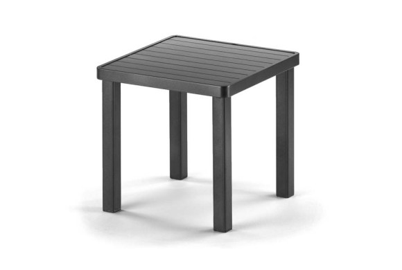 A simple, modern black table with a slatted top and four square legs, featuring a stove insert, isolated on a white background.