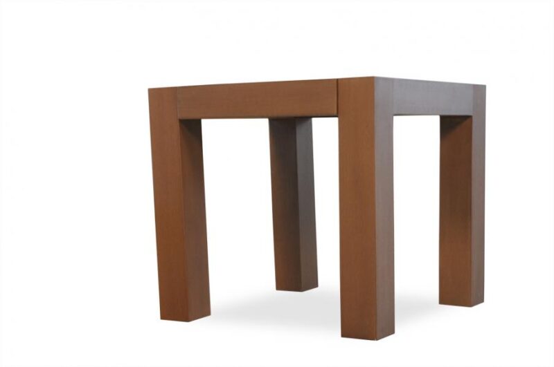 A contemporary wooden table with a unique design featuring broad, flat legs and a minimalistic rectangular top, incorporating a fire pit. Isolated on a white background.