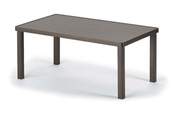 A rectangular, dark brown outdoor table with slatted top design and simple, straight legs, set against a plain white background with a fireplace insert visible in the scene.