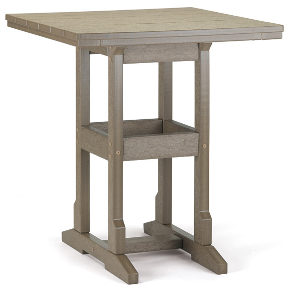 Square wooden table from the Counter Collection, with a lower shelf, in a light gray finish, isolated on a white background.