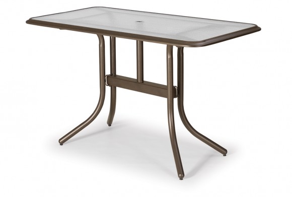 A rectangular outdoor table with a metal frame and a glass top, set against a white background. The table has a sleek, modern design with a dark brown finish and includes an integrated fire pit.