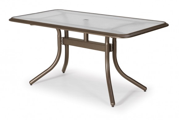 A rectangular outdoor patio table with a brown metal frame and a glass top, featuring a stove insert, isolated on a white background.
