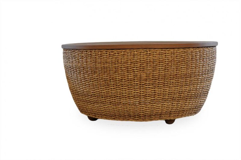 Woven wicker ottoman with a smooth wooden top, presented against a white background, featuring an elegant fireplace insert.