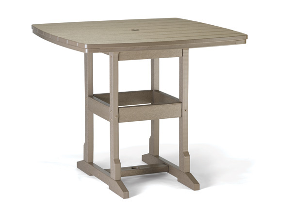 A rectangular, beige plastic outdoor dining table from the Counter Collection with slatted top design and sturdy base, isolated on a white background.