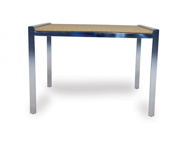 An industrial-style metal fire pit table with blue legs and a woven metal mesh top, isolated on a white background.
