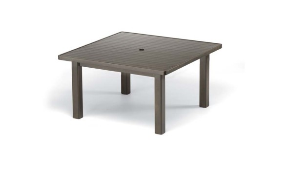 A simple gray square outdoor table with slatted top and solid legs, featuring an integrated fire pit, isolated on a white background.
