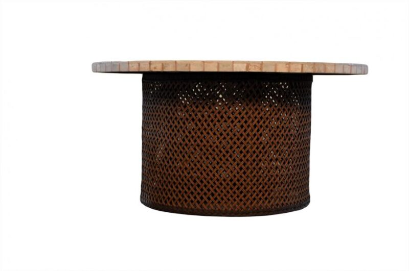 Round table with a cork top and a woven dark brown base, isolated on a white background, perfect beside your stove.
