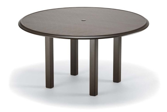 A round, dark brown outdoor fire pit table with slatted top and four legs, shown on a plain, light background.