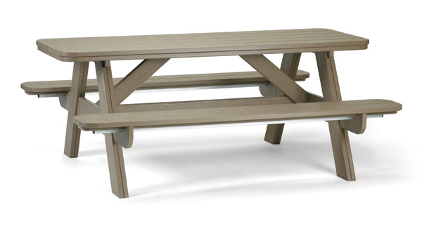 A classic wooden picnic table with an attached fireplace insert on a white background, designed for outdoor dining. The table features a simple, sturdy rectangular design.
