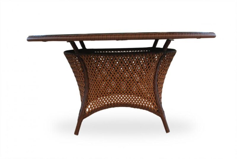 An elegant rattan coffee table with a curved base and a smooth, oval-shaped insert, isolated on a white background.