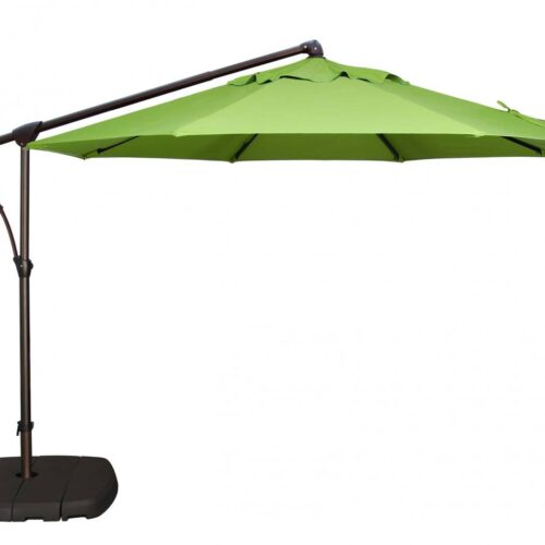 A large, green cantilever umbrella with an adjustable metal frame and a black base, featuring a grill insert, isolated on a white background.