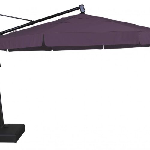A large purple cantilever patio umbrella with a black metal frame and base, isolated on a white background.