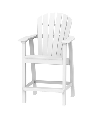 White adirondack chair made of wood with a high back and broad armrests, designed to complement a fire pit, isolated on a plain white background.