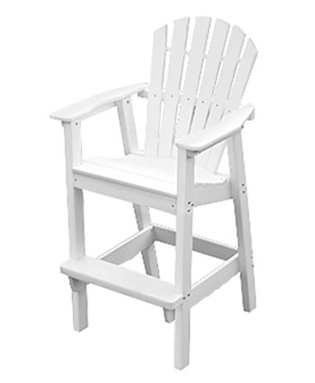 A white, high-legged Adirondack chair with armrests beside a fire pit on a plain background, showcasing a slat back and seat design.