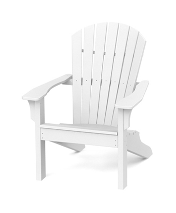 A white adirondack chair on a plain background, featuring a tall backrest and wide armrests, designed for comfortable outdoor seating near a fire pit.