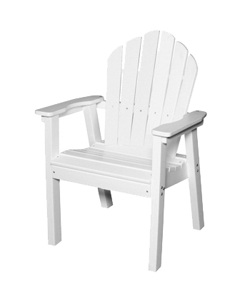 A white adirondack chair made of wood, featuring a high back and wide armrests, isolated on a white background near a fire pit.