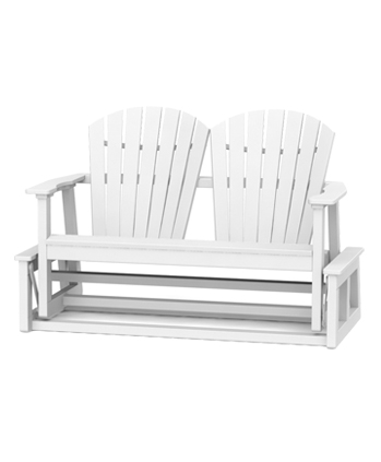 A white wooden adirondack-style double seat bench with broad armrests and a slatted backrest, set against a plain, light background featuring a fire pit.