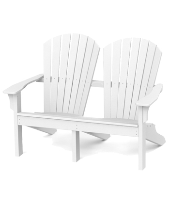 Two white adirondack chairs connected by a shared table, positioned around a cozy fire pit against a plain background, offering a classic and cozy seating arrangement.