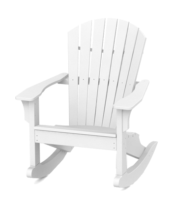 A white wooden adirondack rocking chair isolated on a light background. The chair features a slatted back and seat with wide armrests and is perfect beside a cozy fireplace.
