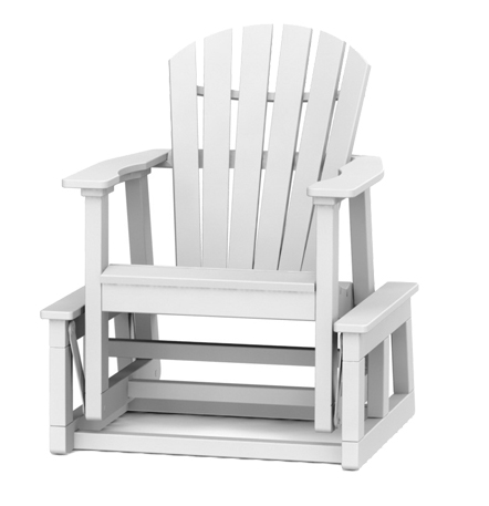 A white adirondack rocking chair made of wood, featuring a classic design with wide vertical back slats and broad armrests, isolated on a plain background with a fire pit insert.