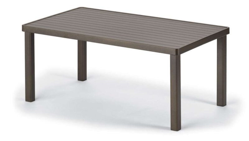 A simple, rectangular, dark brown outdoor table with a fire pit in the center, slatted top, and sturdy legs on a white background.
