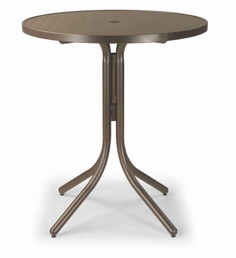 A round, brown outdoor bistro table with a slatted top and a three-legged metal base, shown against a plain white background near an elegant fire pit.