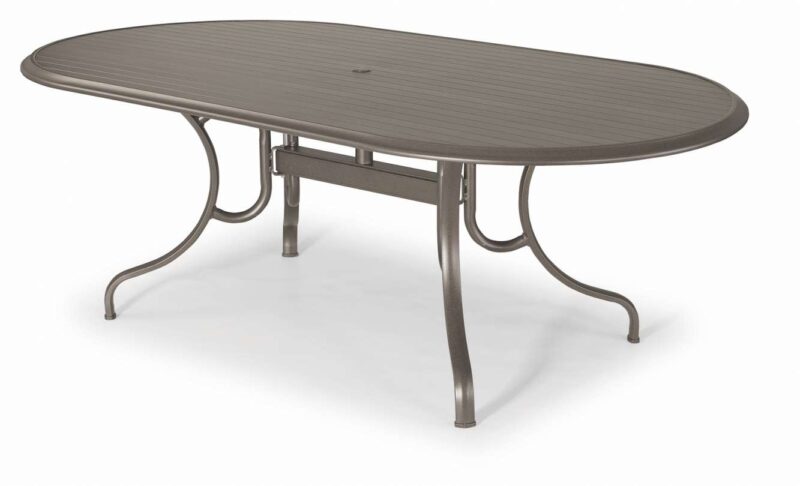 An oval outdoor table with a slatted top and curved metal legs, pictured on a plain white background. The table is designed for patio or garden use and includes a fire pit insert.