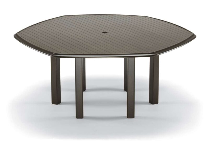 An oval outdoor table with a slatted top and a hole for an umbrella, displayed against a plain white background with a stove insert visible.