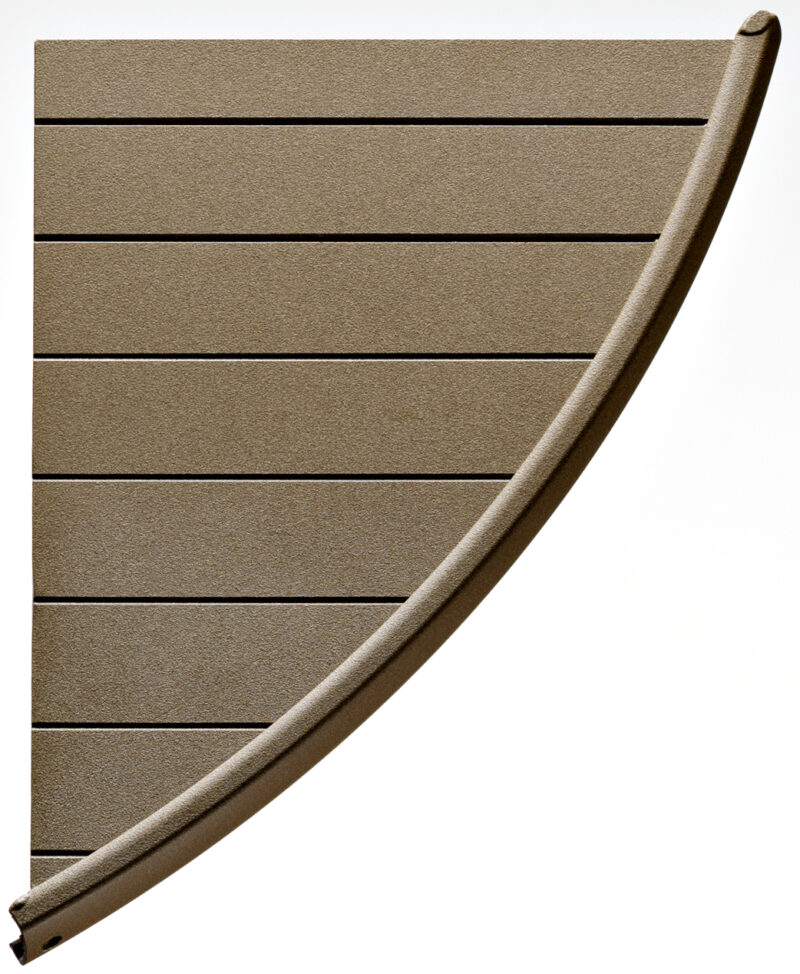 A close-up image of a quarter circle-shaped brown roller blind with subtle stripes, set against a solid insert background.