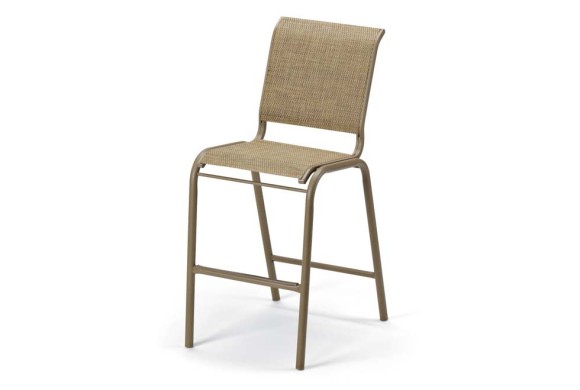 A modern bar stool with a high back and a metallic frame, featuring a woven beige seat and backrest, isolated on a white background near a fireplace.