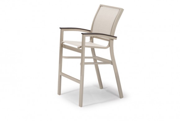 An elegant, beige bar stool with a high back and armrests, featuring a mesh backrest and a wooden frame, against a white background with a fireplace insert visible.