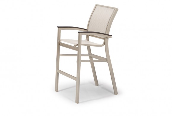 An elegant light beige bar stool with a high backrest and armrests on a white background. The stool features a minimalist design, combining a metal frame with a mesh back and seat insert.
