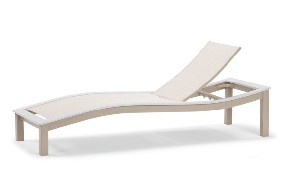 A modern, white outdoor lounge chair with a beige cushion, positioned slightly reclined near a fireplace on a plain white background.