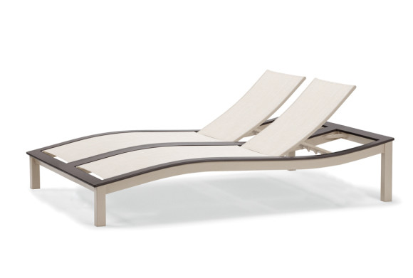 Modern double sun lounger with integrated fireplace, made of metal and fabric, designed for two people, isolated on a white background.