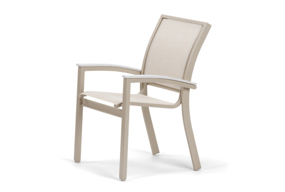 A modern beige patio chair with armrests and a mesh backrest, isolated on a white background near a grill.