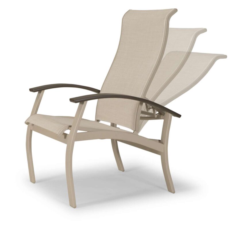 A modern beige outdoor lounge chair with a contoured design and wide armrests, ideal for placement near a fire pit, isolated on a white background.