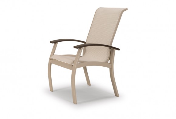A modern beige outdoor chair with armrests, featuring a slightly tilted back and a metal frame, isolated on a white background, ideal for placement around a fire pit.