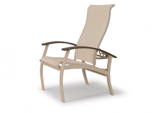 A beige outdoor reclining chair with a high backrest and armrests, isolated on a white background, near an elegant fireplace insert.