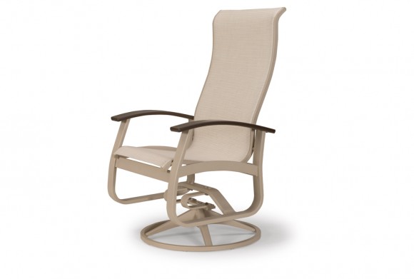 A beige outdoor swivel rocking chair with a metal frame and cushioned seat and back. The chair is on a white background and has fireplace-inspired wooden armrests.
