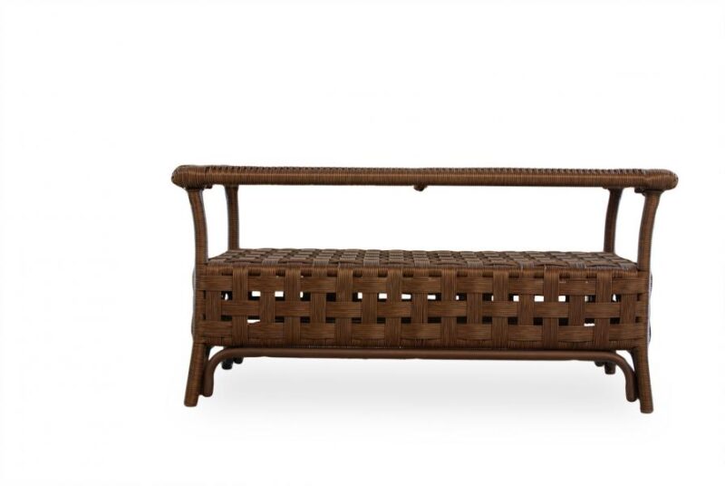 A traditional wicker bench with intricate weaving, featuring a raised backrest and slightly curved legs, displayed against a white background with a fire pit insert.