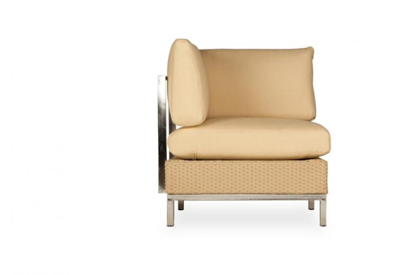 A modern beige armchair with a woven base and metallic silver armrest on one side, featuring a fire pit insert, isolated on a white background.