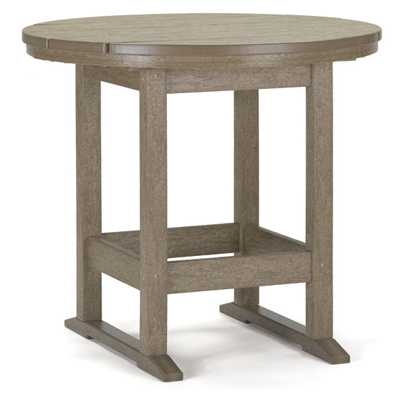 A round wooden side table with a textured finish, supported by four sturdy legs connected by rectangular base supports. The table features a rustic aesthetic perfect for placement near a fireplace.