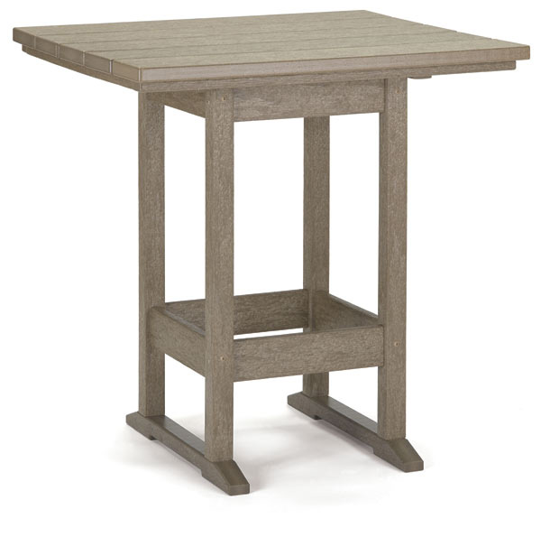 A square outdoor patio table made of gray synthetic wood, featuring a slatted top with a fire pit insert and a sturdy leg frame with crossbars for support.