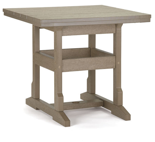 A square, weathered gray outdoor side table, featuring a slatted top and two lower shelves, supported by sturdy legs, designed for patio use near a fire pit.