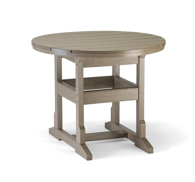 A round, wooden table in a light beige color, featuring a plank-style top and a two-tiered base with an insert for additional storage, isolated on a white background.