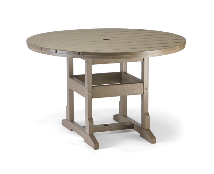 A round, beige plastic outdoor table with a central hole for an umbrella, featuring sturdy legs and a lower shelf, set against a white background. This versatile table is designed to insert a fire pit,