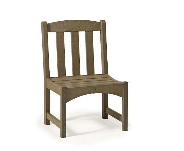 A simple brown plastic chair with a straight back and vertical slats, isolated on a white background, near a stove.