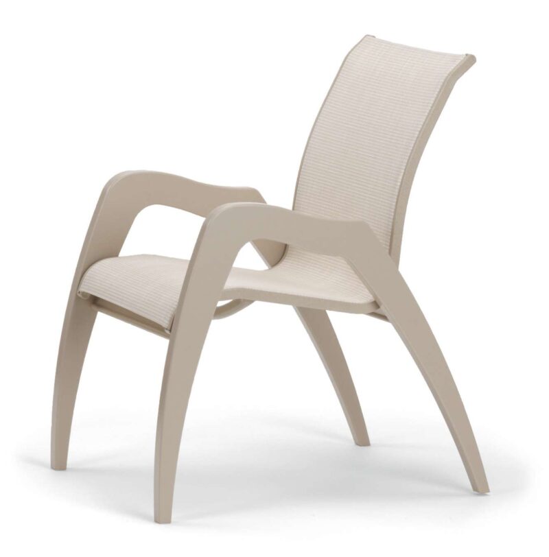 Beige plastic chair with armrests and a woven backrest design, isolated on a white background.