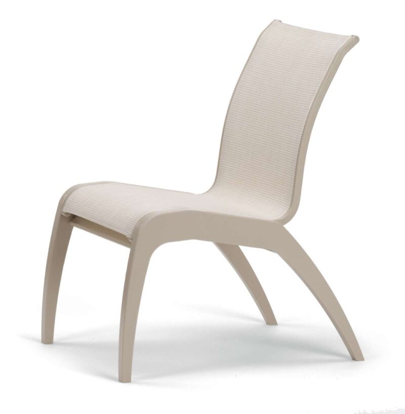 A modern, beige chair with a streamlined design, featuring a slightly curved back and a seat with a ribbed texture, set against a plain white background with a fireplace insert.