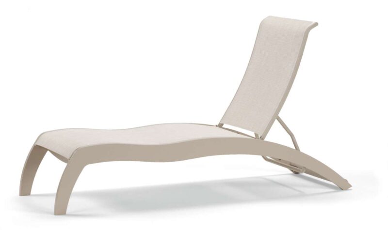 A modern, beige outdoor lounge chair with a curved design and lightweight metal frame, featuring an integrated fire pit, isolated on a white background.